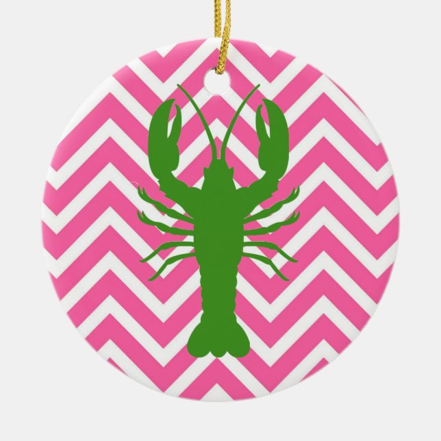 Adorno De Cerámica Monograma de langosta verde y cheurón rosa (Frente)