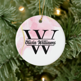 Adorno De Cerámica Monograma de mármol rosa | Purpurina Girly Modern 