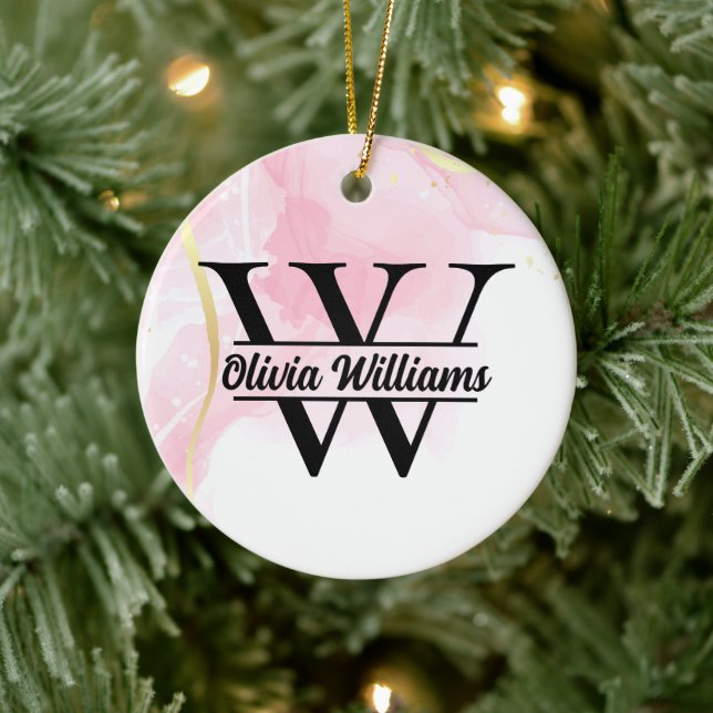 Adorno De Cerámica Monograma de mármol rosa | Purpurina Girly Modern  (Árbol)