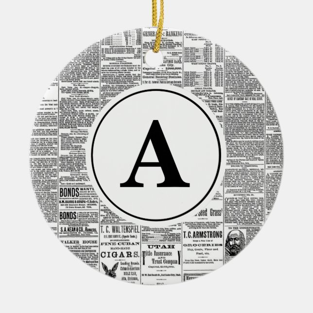 Adorno De Cerámica Monograma de periódico antiguo de época (Frente)