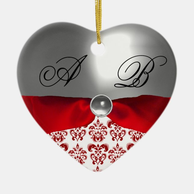 ADORNO DE CERÁMICA MONOGRAMA DE PIEDRA DE GIMNASIO ROJO BLANCO DAMASK (Frente)