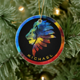 Adorno De Cerámica Monograma del nombre de la acuarela del león de la