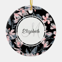 Adorno De Cerámica Monograma del patrón acuático floral rosa y gris