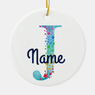 Adorno De Cerámica Monograma Diseño inicial J Estrella arco iris
