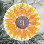 Adorno De Cerámica Monograma Floral<br><div class="desc">Este único adorno de keepsake está decorado con un girasol color agua amarillo y una tipografía elegante. Personalizable fácil. Acuarela original © Michele Davies.</div>