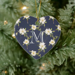 Adorno De Cerámica Monograma floral azul marino<br><div class="desc">Monograma de flores blancas azules de la marina</div>