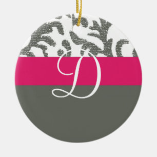 Adorno De Cerámica Monograma floral gris y rosa caliente