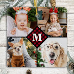 Adorno De Cerámica Monograma fotográfico personalizado 4 con relleno<br><div class="desc">Celebra tus recuerdos favoritos con un ornamento de Collage de fotos de Monograma Rojo personalizado con Buffalo Rojo . Cuando tienes tantos recuerdos y fotos divertidos , una foto no es suficiente . Nuestro ornamento fotográfico Personalizado tiene 4 fotos y un centro monogramado inicial y nombre para personalizar . Este...</div>