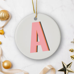 Adorno De Cerámica Monograma Inicial con Tipografía Retro en Rosa y N