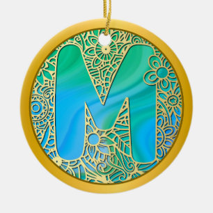 Adorno De Cerámica Monograma inicial M Navidad - Dorado, Turquesa & A