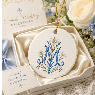 Adorno De Cerámica Monograma Mariano Católico Floral Azul