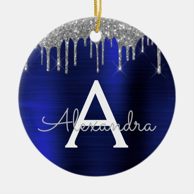 Adorno De Cerámica Monograma Metalizado cepillado con Purpurina azul  (Frente)