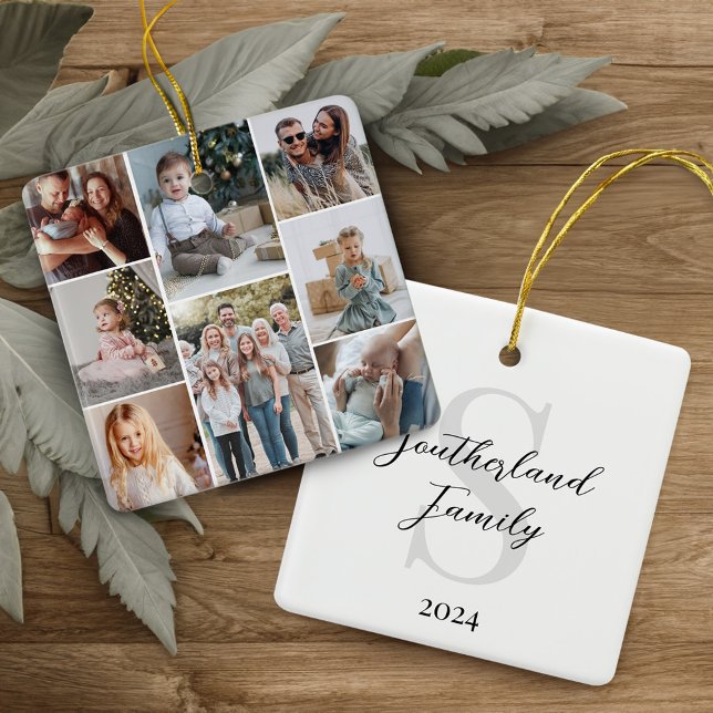 Adorno De Cerámica Monograma mínimo de nombres de familia de Collages (Minimal Multi Photo Collage Family Name Monogram Ceramic Ornament)