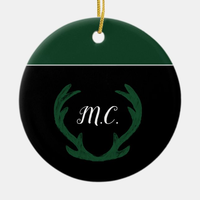 Adorno De Cerámica Monograma moderno de agentes de venado verde (Frente)