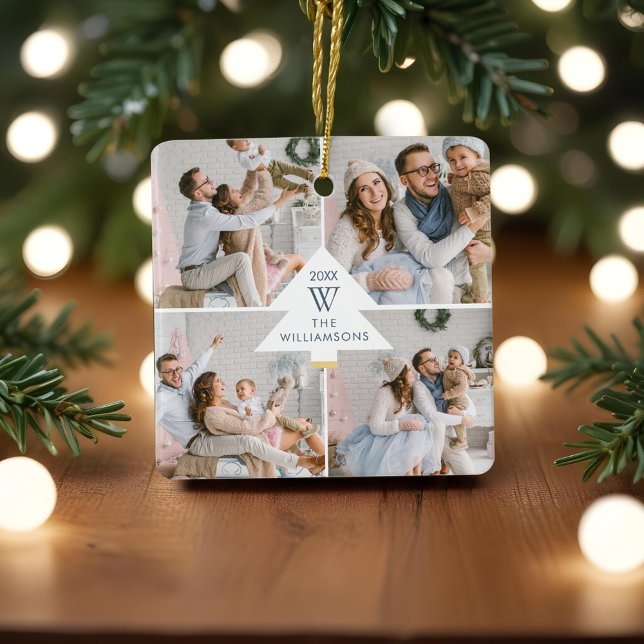 Adorno De Cerámica Monograma moderno de árbol de Navidad Cuatro famil (Modern Christmas Tree Monogram Four Photo Family Ceramic Ornament)