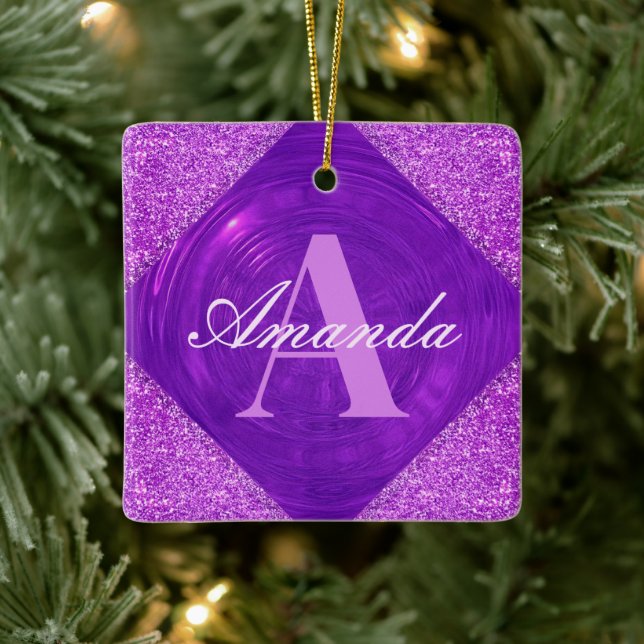 Adorno De Cerámica Monograma moderno de Purpurina morado Girly (Árbol)