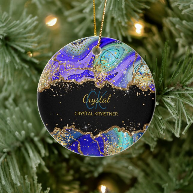 Adorno De Cerámica Monograma moderno Oro verde azul (Árbol)