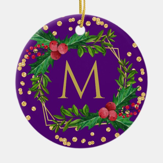 Adorno De Cerámica Monograma morado dorado Feliz Navidad Purpurina (Frente)