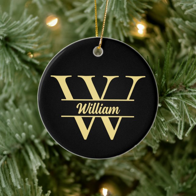 Adorno De Cerámica Monograma negro y oro | Guión inicial elegante (Árbol)