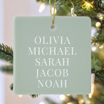 Adorno De Cerámica Monograma para crear sus propios nombres de famili<br><div class="desc">Crea tu propio adorno navideño personalizado con tus nombres familiares en tipografía minimalista moderna sobre fondo de color verde sabio. Cara inversa con Feliz Navidad o texto personalizado en elegante caligrafía junto con nombre y año.</div>