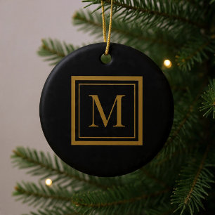 Adorno De Cerámica Monograma personalizado enmarcado en negro y dorad