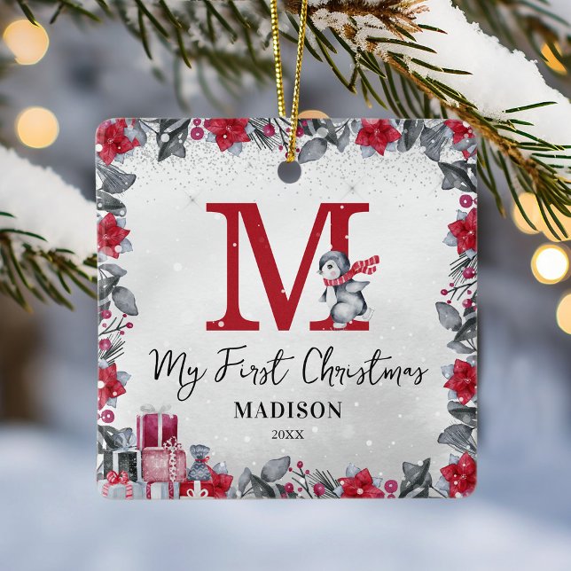 Adorno De Cerámica Monograma pingüino Estadísticas de bebés Primera N (Subido por el creador)