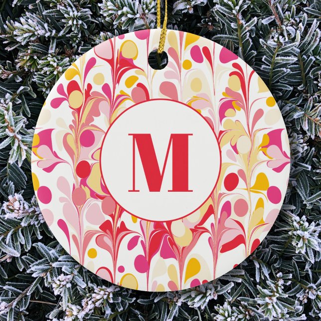 Adorno De Cerámica Monograma Resumen Patrón de Mármol Retro (Retro marble pattern monogram initial personalized ceramic ornament)