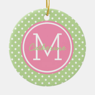 Adorno De Cerámica Monograma rosado y blanco de la verde menta del