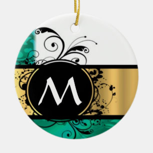 Adorno De Cerámica Monograma verde y oro verde azulado