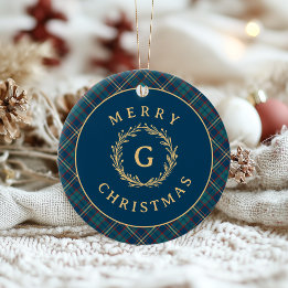 Adorno De Cerámica Monograma vintage Wreath Blue Plaid Navidades Foto