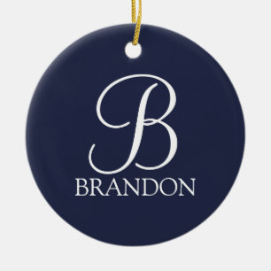 Adorno De Cerámica Monograma y nombre del guión personalizado azul de