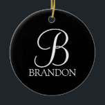 Adorno De Cerámica Monograma y nombre del guión personalizado negro<br><div class="desc">El Monograma y el Regalo de nombres personalizados presentan un monograma personalizado en blanco clásico estilo de fuente y nombre en blanco clásico estilo de fuente serif en color negro. Perfecto para vacaciones,  reuniones familiares y cualquier ocasión especial.</div>