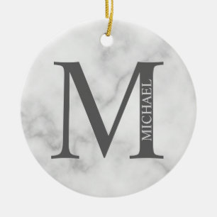Adorno De Cerámica Monograma y nombre personalizados de mármol blanco