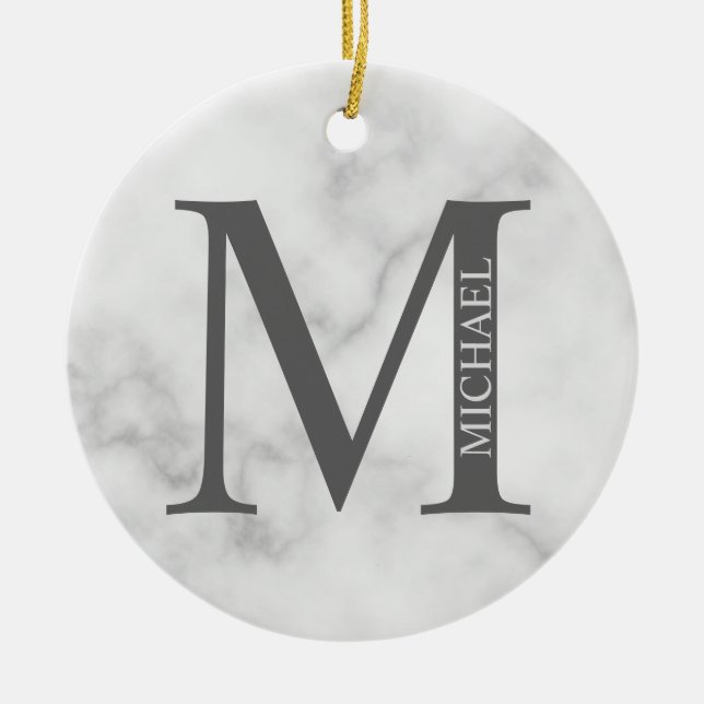 Adorno De Cerámica Monograma y nombre personalizados de mármol blanco (Frente)