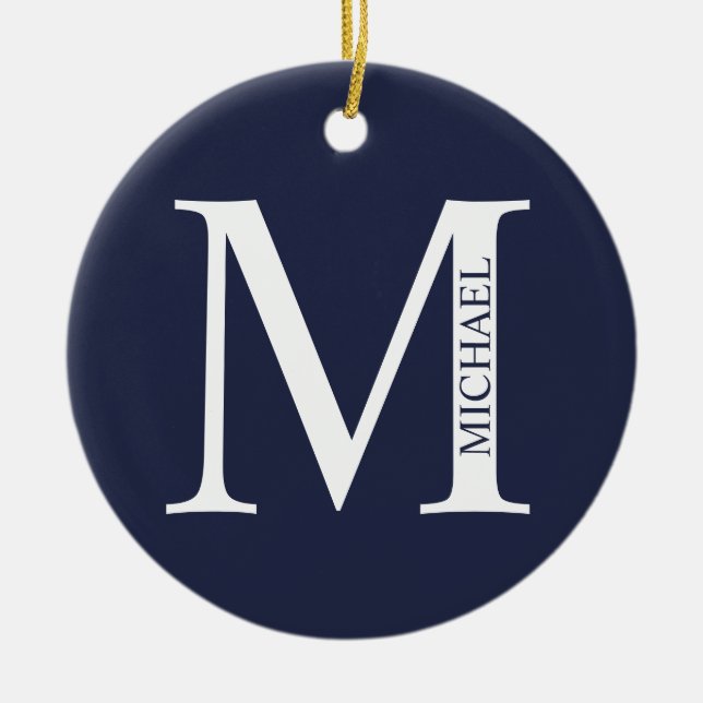 Adorno De Cerámica Monograma y nombre personalizados del azul marino (Frente)