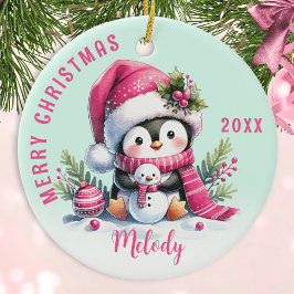 Adorno De Cerámica Monogramo rosa Mint Feliz Navidad Cute pingüino
