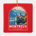 Adorno De Cerámica Montreux Suiza Viaje con arte<br><div class="desc">Diseño de viaje vectorial retro de Montreux. Montreux es una localidad turística tradicional del lago de Ginebra. Enclavado entre colinas empinadas y la orilla del lago.</div>