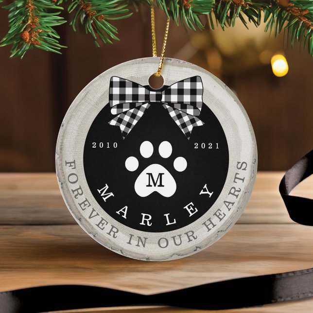 Adorno De Cerámica Monumento a la imagen de Black Bow Paw Print Masco (Black Bow Paw Print Memorial Pet Photo Wood Slice Ceramic )