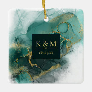 Adorno De Cerámica Moody Ink Emerald Gold Abstract Blk ID988
