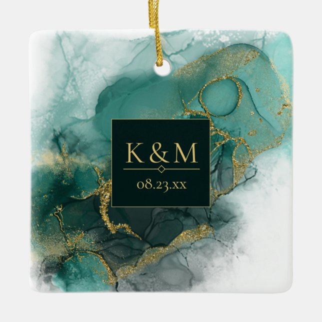 Adorno De Cerámica Moody Ink Emerald Gold Abstract Blk ID988 (Anverso)
