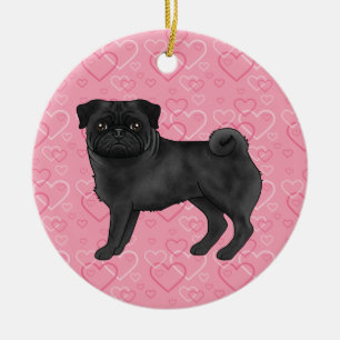 Adorno De Cerámica Mopas Lindas Pug Negras en Corazones Rosas Memoria