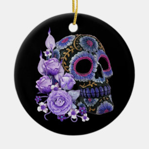 Adorno De Cerámica Morado Floral Black Sugar Skull Día De Los Muertos