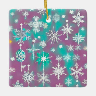 Adorno De Cerámica Morado verde azulado acuarela Copos de nieve