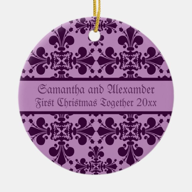 Adorno De Cerámica Morado y lavanda de Damasco Real en primera Navida (Frente)