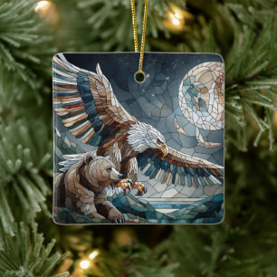 Adorno De Cerámica Mosaic Ai Art   Oso marrón y una luna llena de águ
