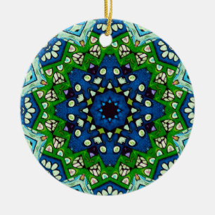 Adorno De Cerámica Mosaic Blue Green Hippie Boho Mandala