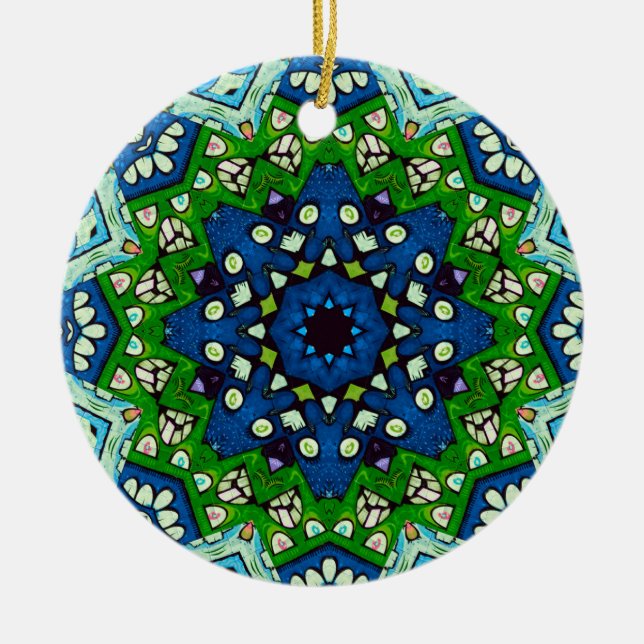 Adorno De Cerámica Mosaic Blue Green Hippie Boho Mandala (Frente)