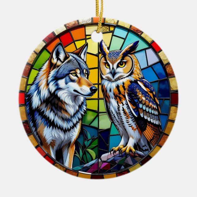 Adorno De Cerámica Mosaic Wolf and Owl  Art Personalized Christmas (Frente)