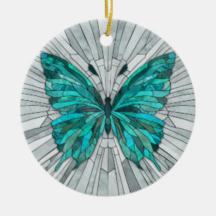 Adorno De Cerámica Mosaico de mariposa -verde esmeralda y gris