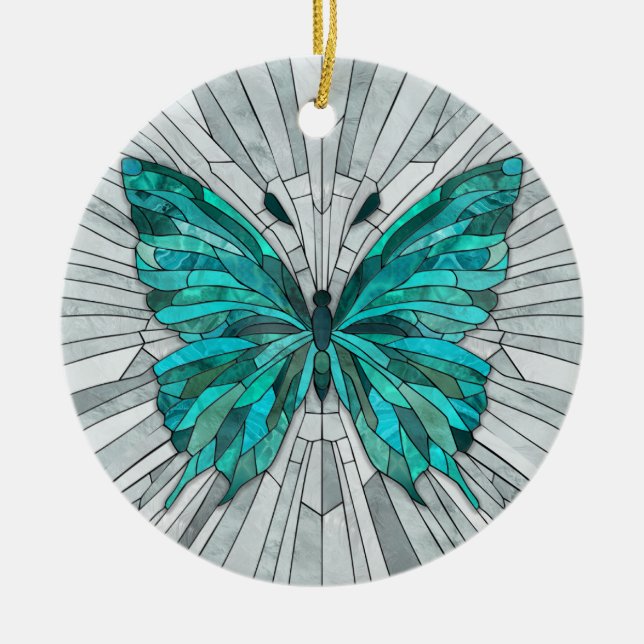 Adorno De Cerámica Mosaico de mariposa -verde esmeralda y gris (Frente)